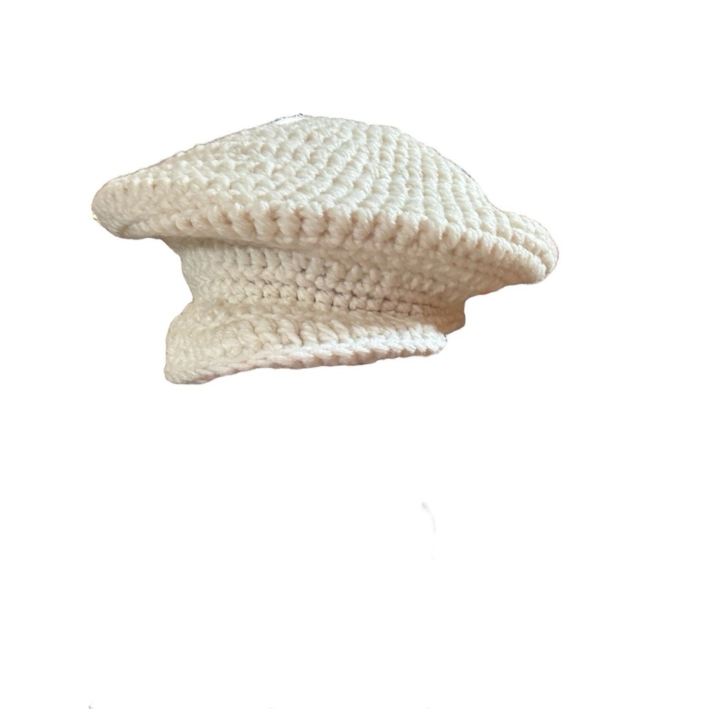 Handmade Crochet Cream Newsboy Cap Chunky Yarn Gatsby Fiddler Beret Hat Vtg